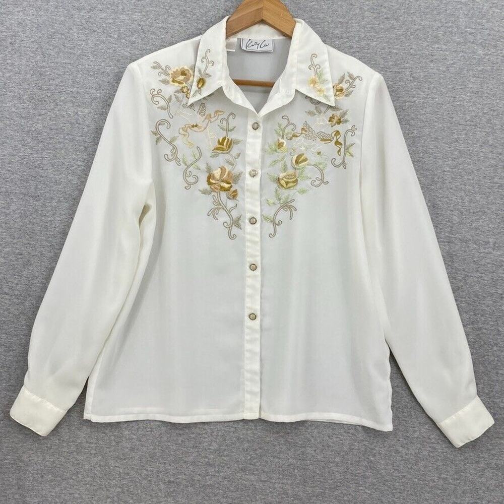 Vintage Kathy Che Blouse Womens 12 Ivory Embroidered Button Up Shoulder Pads Top